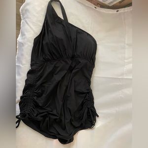 Black one shoulder rouched swim suit